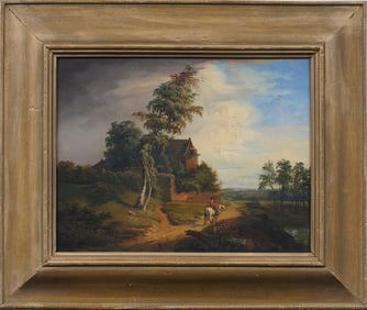 Signed Antique English Early 1800's Horseback Rider Framed Landscape Oil Painting