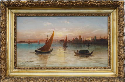 Daniel Charles Grose (1838 - 1900) Antique Orientalist Sunset Coastal Cityscape Signed Oil Painting