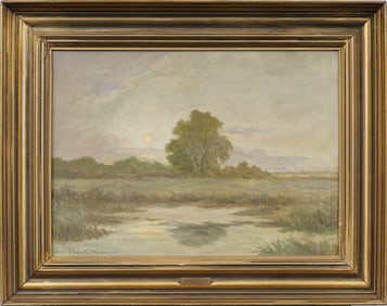 William Henriksen (1880 - 1964) Antique Moonlit Signed and Nicely Framed Landscape Oil Painting