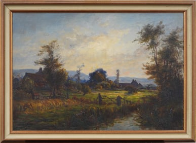 Antique European Impressionist Sunset Farm Landscape Framed Oil Painting