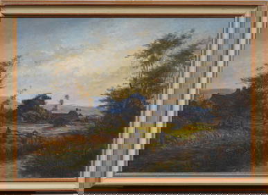 Antique European Impressionist Sunset Farm Landscape Framed Oil Painting (1 of 7)