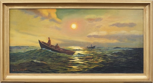 Richard Dey De Ribcowsky (1880 - 1936) Antique American Sunset Seascape Original Oil Painting
