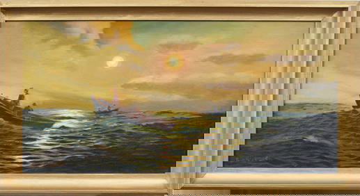 Richard Dey De Ribcowsky (1880 - 1936) Antique American Sunset Seascape Original Oil Painting (1 of 6)