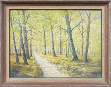 Signed European Impressionist Forest Interior Framed Oil Painting