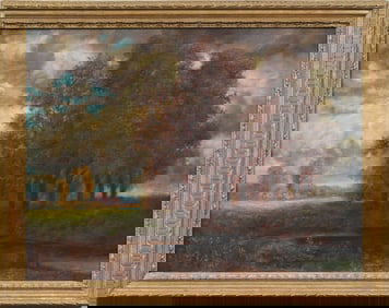 Large Antique American Impressionist Summer Landscape Framed Original Oil Painting