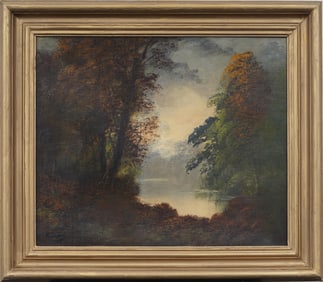 Antique European Impressionist Signed River Landscape Framed Oil Painting