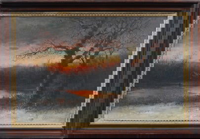 Large Antique American Panoramic Winter Sunset Landscape Signed Original Oil Painting