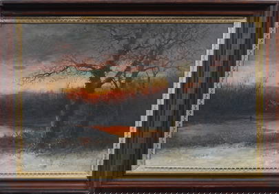 Large Antique American Panoramic Winter Sunset Landscape Signed Original Oil Painting (1 of 6)