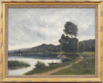 Antique French Impressionist Framed Landscape Signed Barbizon School Large Oil Painting