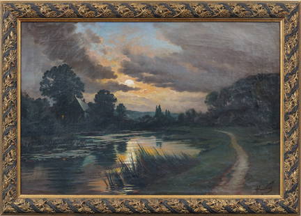 Antique European Moonlit Lake Landscape Signed Framed Oil Painting: Antique European landscape oil painting. Oil on canvas. Signed. Framed. Measuring 24 by 34 inches and 20 by 30 painting alone. Please see all images for condition. Size is measured and written on the