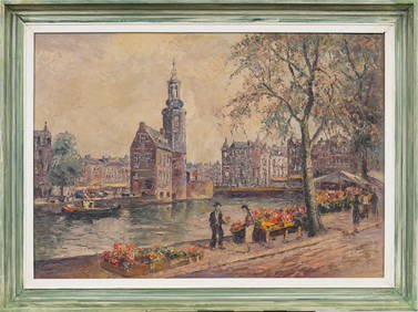 Antique Signed Dutch Flower Market Holland Cityscape Framed Oil Painting (1 of 7)