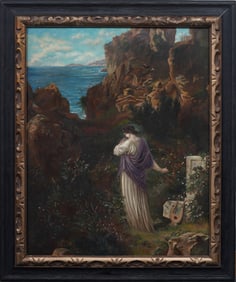 Antique European Impressionist Italian Cliff Seascape Framed Oil Painting