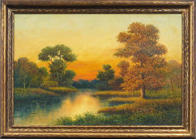 Large Antique American Sunset Landscape Framed Marsh Scene Original Oil Painting (1 of 5)
