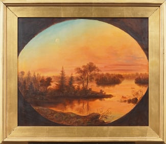 Antique American Hudson River School Sunset Luminous Lake Landscape Framed Oil Painting