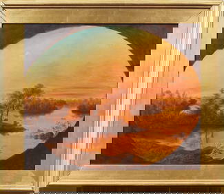 Antique American Hudson River School Sunset Luminous Lake Landscape Framed Oil Painting (1 of 6)