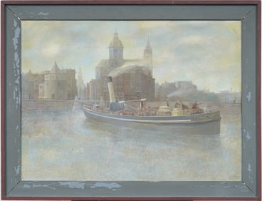 Frans Hamer Signed 1937 European Super Realist Seacape Steam Engine Boat Oil Painting
