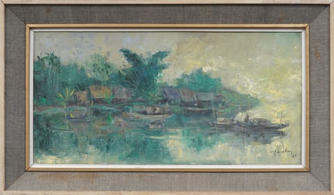 Large Signed Southeast Asian Tropical River Scene Framed Original Oil Painting