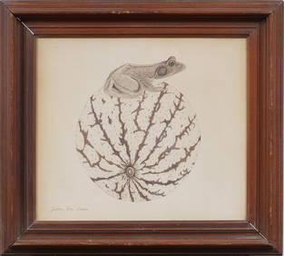 Dudley Huppler (1917 - 1988) Antique School Drawing "Frog on a Melon" Framed Signed Original Art (1 of 7)