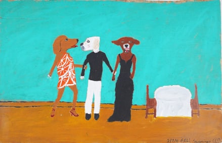Earl Swanigan (1964 - 2019) Vintage Outsider Folk Art Dog Family Portrait Oil Painting Double Sided