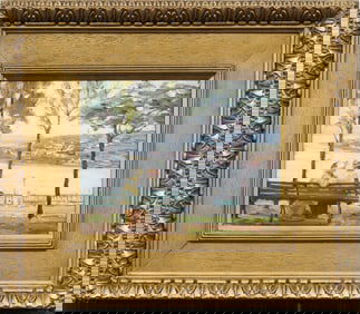 Antique American Impressionist High Society Summer Day at the Park Framed Original Oil Painting