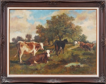 Large Antique American Impressionist Cows Grazing Mystery Signature Framed Landscape Oil Painting