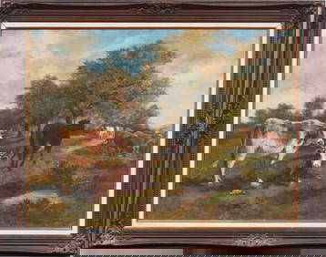 Large Antique American Impressionist Cows Grazing Mystery Signature Framed Landscape Oil Painting (1 of 11)