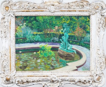 Joe Burns Antique American Impressionist "Central Park Garden" Nicely Framed Landscape Oil Painting