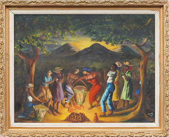 Louverture Poisson (1914 - 1985) Haitian Folk Art Nocturnal Fire Dance Framed Original Oil Painting (1 of 7)