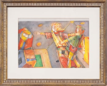 Vintage Surrealist Figural Outsider Framed Watercolor Painting
