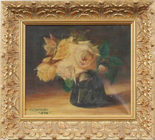 Antique American Impressionist Signed 1892 Rose Flower Still Life Framed Original Oil Painting