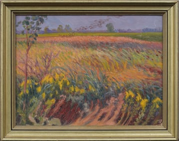 Antique American Impressionist Framed Flower Landscape Oil Painting
