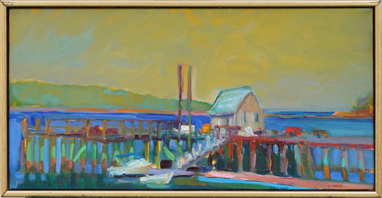 Vintage American or European Modernist Framed Seascape Fauvist Color Signed "C. Hayes" Painting (1 of 7)