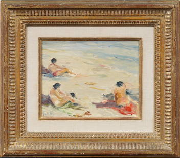 Jacques Favre de Thierrens (1895 - 1973) Signed French Impressionist Beach Scene Framed Oil Painting: Antique French impressionist beach scene oil painting by Jacques Favre de Thierrens (1895 - 1973). Oil on board. Signed. Framed. Measuring 14 by 16 inches and 10 by 12 painting alone. Please see all i
