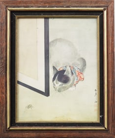 Vintage Japanese Woodblock Print "Cat Watching a Spider" Framed Artwork