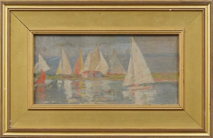 Antique American Impressionist New England Coastal Sailboat Regatta Framed Oil Painting