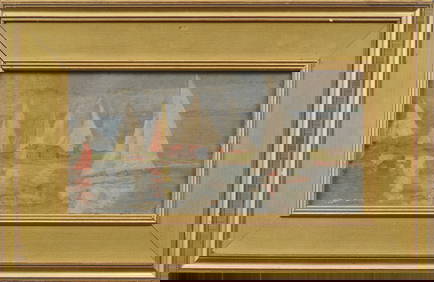 Antique American Impressionist New England Coastal Sailboat Regatta Framed Oil Painting (1 of 4)