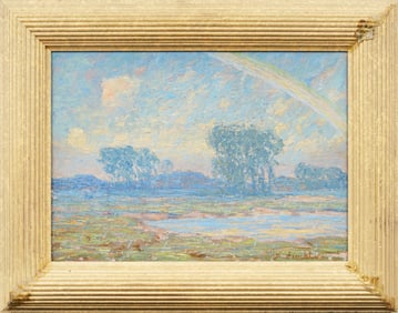 Signed "Arnold" Antique American Impressionist Rainbow Landscape Framed Original Oil Painting