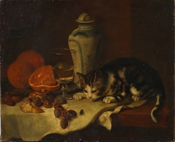 Antique American 19th Century Folk Art Cat Portrait Original Oil Painting
