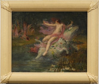 Finely Painted European Mythological Nude Bather Impressionist Framed Landscape Oil Painting