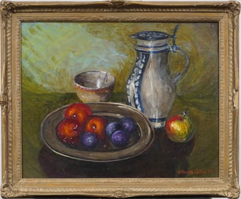 Elizabeth Collins Large Vintage American Impressionist Fruit Still Life Framed Original Oil Painting
