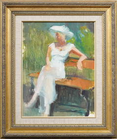 Vintage American or French Impressionist Elegant Woman Portrait in Park Oil Painting (1 of 5)
