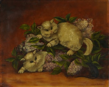 Antique American School Folk Art "Kittens in Lilacs" Signed Cat Portrait Oil Painting 19th Century