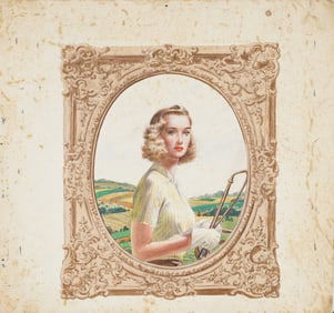 Antique American Equestrian Woman Riding Horseback Portrait Painting