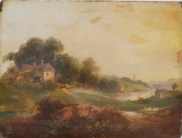 Antique American or European Early 19th Century Sunset Landscape Original Oil Painting