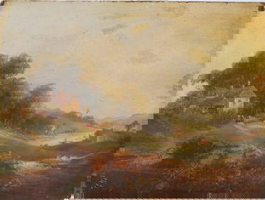 Antique American or European Early 19th Century Sunset Landscape Original Oil Painting (1 of 5)