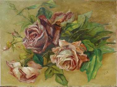 Antique American Impressionist Rose Still Life Signed Oil Painting