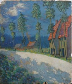 Antique Important Early 1900's Signed Pointillist Landscape Wild Flower Path Oil Painting