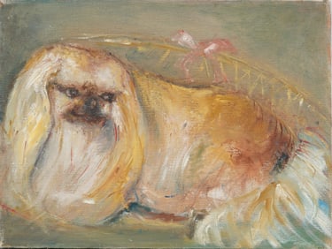 Vintage Impressionist Pekingese Dog Portrait Original Oil Painting