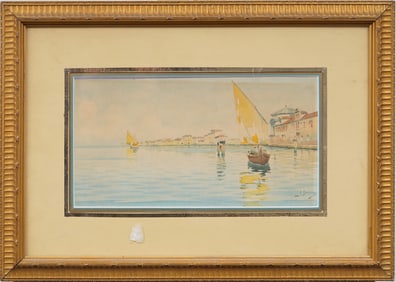 Antique Italian Impressionist Signed Framed Venice Cityscape Original Watercolor Painting