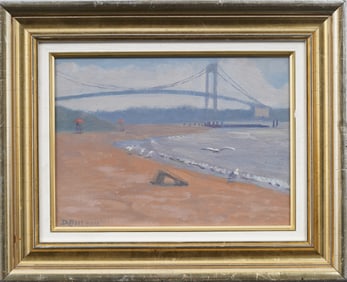 Dennis Boileau Signed Vintage American Impressionist Cityscape Whitestone Bridge Framed Oil Painting